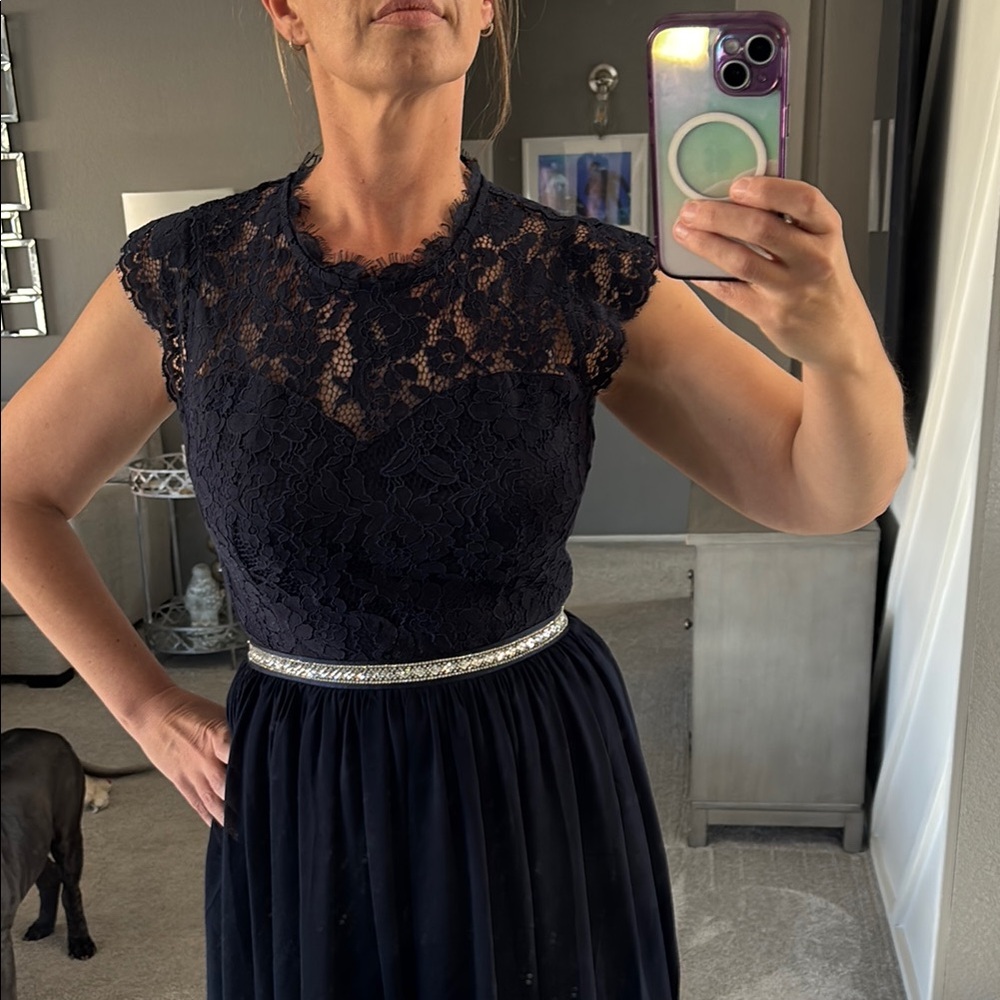 Miusol Navy Blue Floral Lace Formal Dress with Rhinestone Belt NWT